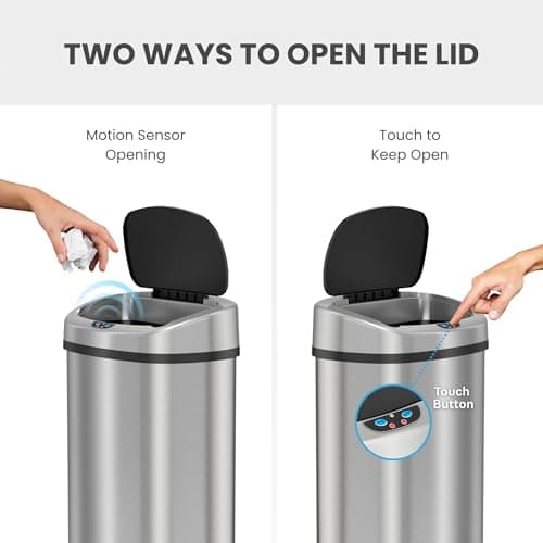 iTouchless 13 Gallon Oval Sensor Trash Can with Odor Filter, 50 Liter Automatic Kitchen Garbage Bin, Fingerprint-Proof Stainless Steel, Smart Hands-Free Motion Lid, Quiet Soft-Close, Brushed Silver 9