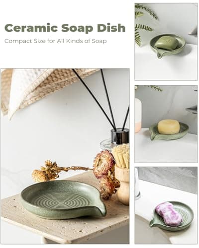 Soap Dishes, Ceramic Shower Soap Dish with Waterfall Design Bar Soap Holder Self Draining Soap Saver for Shower, Bathroom, Sink, Kitchen and Countertop, Green 5