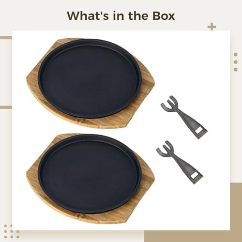 ZALIR 2 Set Sizzling Steak Plates, Iron Steak Plate with Wooden Tray and Heatproof Clip, Round Fajita Plate for Grilling and Teppanyaki, Easy to Clean 5