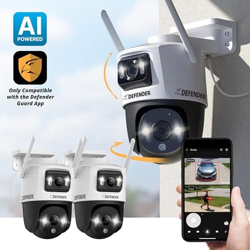 Defender Exclusive Bundle: AI Powered Guard Pro 3K Plus Dual Lens PTZ WiFi 6/Bluetooth Security Camera, Plug-in Power, AI Human/Vehicle Detection, 2 x 128 GB SD Card, Mobile App, 2 Pack 8