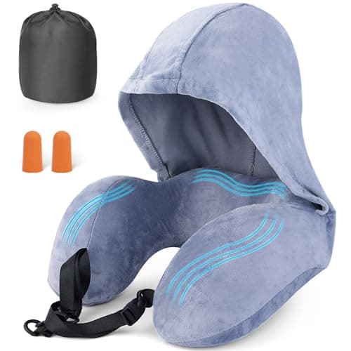 Flywish Travel Neck Pillow with Hood - Adult Travel Must Haves Airplane Hoodie Pillow, Premium Quality Memory Foam, Fit for Office, Car Ride, Sleeping. Kit with Earplugs, Luxury Bag(Mist, L)