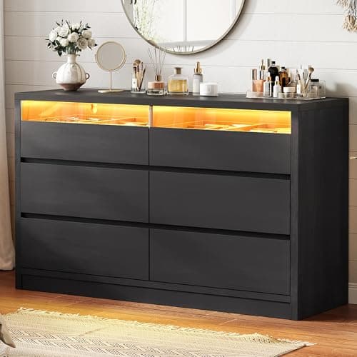Jocoevol Modern Black 6 Drawer Dresser for Bedroom with LED Light, Large Chest of Drawers with Hidden Handles, Double Wooden Dresser Closet for Living Room, Entryway, Hallway - Black