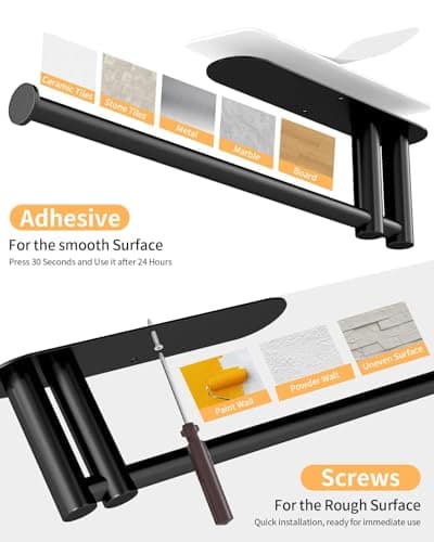 Under Cabinet Paper Towel Holder for Kitchen, Upgraded Heavy Duty Double Pole Design, Both Available in Adhesive & Screws, Self-Adhesive Bar Rack for Kitchen Towel, Stainless Steel, Black 5