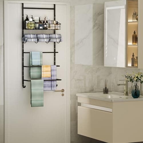 X-cosrack Adjustable Towel Racks for Bathroom Door Hanging, 5 Tiers Over The Door Towel Rack with Hooks, Bathroom Towel Holder Wall Mount for organizing Towels，Clothes 7