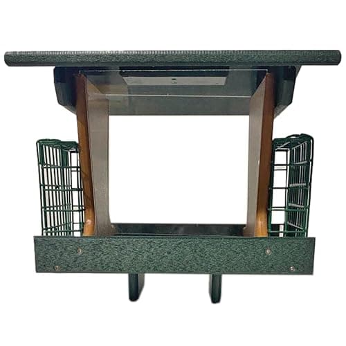 DutchCrafters Poly Post Mount Hopper Bird Feeder with Two Suet Cake Cages, Post Mounted Outdoor Wild Bird Feeder for Outside (Turf Green & Bright Cedar)