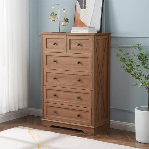 LDTTCUK 6 Drawer Dresser, Farmhouse Dresser Chest of Drawer for Bedroom, 48 Inch Tall Dresser, Wood Storage Chest of Drawers Storage Cabinet for Living Room, Entryway, Hallway, Natural Oak