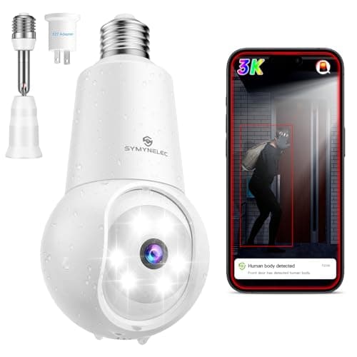 SYMYNELEC Light Bulb Security Camera: 3K Security Camera Wireless Outdoor - AI Human/Vehicle Detection 360° Pan/Tilt Auto Tracking Two-Way Talk Color Night Vision Compatible with Alexa 2.4GHz
