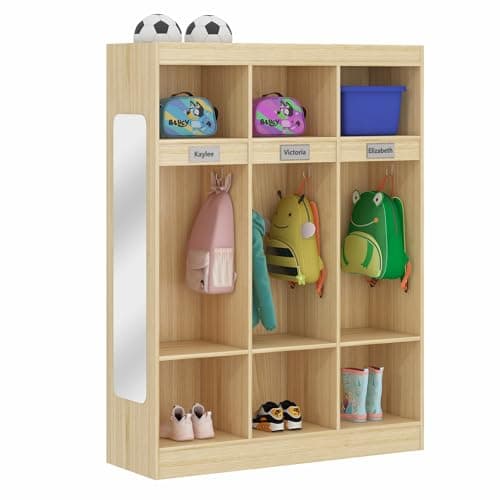 Kikihouse 3-Section Classroom Coat Locker with 6 Cubbies, Daycare Cubbies with 6 Hooks and Acrylic Mirror, Kindergarten Lockers with Raised Edges for Home, School, Nursery