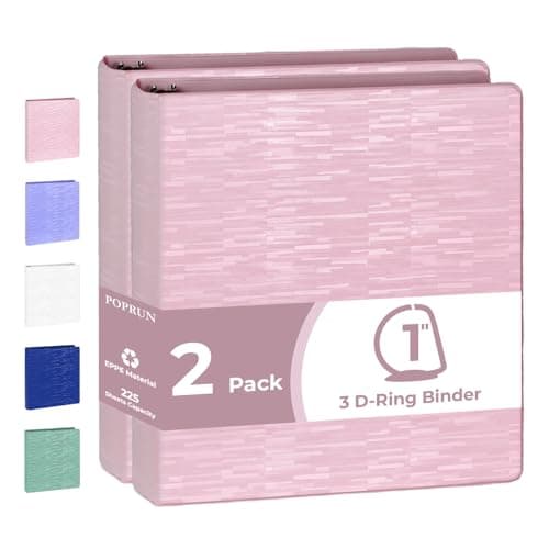 POPRUN 3 D Ring Binder 1 Inch, PVC-Free, Holds 225 Sheets of 8.5 x 11 Paper, Extra Durable Organizer with 2 Pockets for School & Office, Heavy-Duty, 2 Pack, Pink