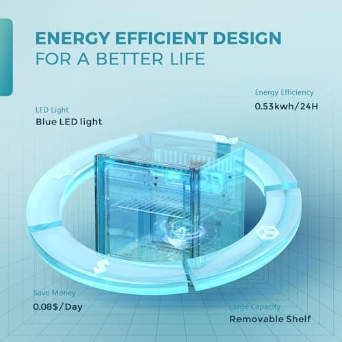 EUHOMY 48 Can Beverage Refrigerator cooler-Mini Fridge Glass Door for Beer Drinks Wines, Countertop Beverage Fridge with Adjustable Shelves Blue LED for Home/Office/Dorm/Bar, 1.3 cu.ft 6