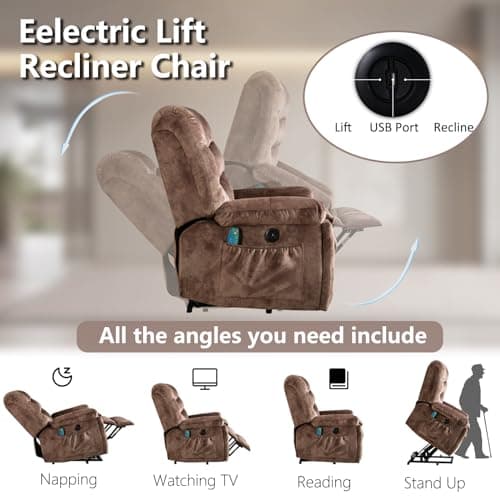Phoenix Home Large Power Lift Recliner with Massage and Heat for Elderly, Heavy Duty & Safety Motion Reclining Mechanism, Ergonomic Electric Wider Chair with USB Port, 2 Hidden Cup Holders, Brown2 6