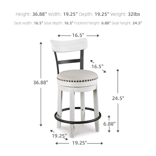 Signature Design by Ashley Valebeck Barstool, Rustic-Industrial Counter Height Chair, 360° Swivel, Wood & Metal Frame, Cushioned Seat, Ideal for Kitchen Island with Seating, Vintage White 3