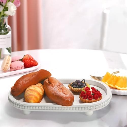 SYNCVIBE Wooden Decorative Tray for Home Decor, Beaded White Oval Tray Decor for Coffee Table, Rustic Wood Serving Trays Farmhouse Centerpieces for Living Room Kitchen Counter (White Oval) 6