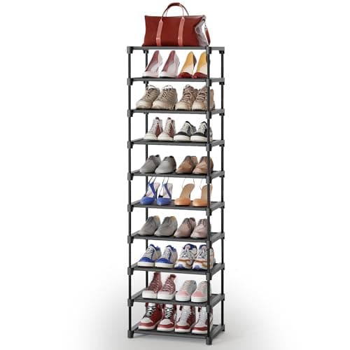 Kitsure Shoe Rack - 10-Tier Shoe Organizer with Detachable Fabric Shelves & Thick Metal Frame, Easy-to-Assemble Tall Shoe Rack for Closet, Entrance, Living Room, 16.9"×11.8"×61.8", Black