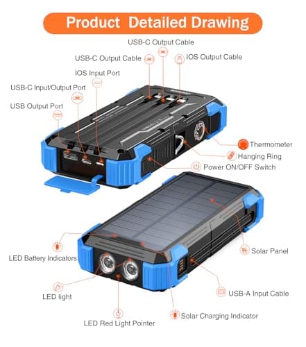 GOODaaa Portable Charger 42800mAh Built in 4 Cables and Thermometer 15W Fast Charging Power Bank Five Outputs Three Inputs Solar Charger Power Bank, SOS/Strobe/Strong Flashlights, Carabiner 9