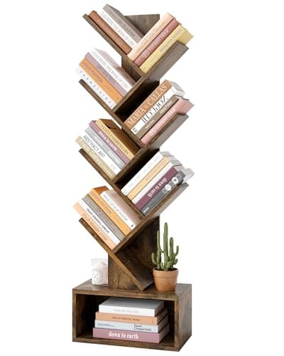 Hoctieon 6 Tier Tree Bookshelf, Tall Bookcase with Drawer, Freestanding Book Shelf, Display Floor Standing Storage Shelf, Book Organizer Shelves for Home Office, Rustic Brown