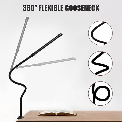 Phimuezl LED Desk Lamp with Clamp, Clamp Light with Adjustable Color Modes, Clip on Light with Long Flexible Gooseneck, Eye Care Lamp Clamp for Study, Work, Home, Office, Black, 12W 6