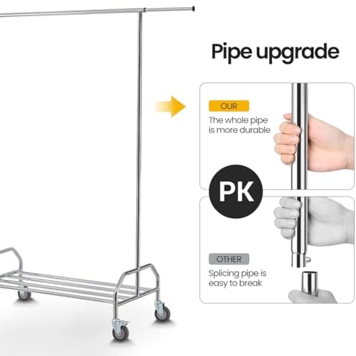 LiaMeE Heavy Duty Clothing Racks for Hanging Clothes, Adjustable Rolling Commercial Garment Rail on Wheels, Free Standing Standard Rod & Shelf for Wardrobe Organization, Chrome Plated 5