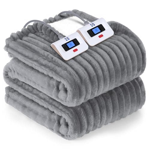 SEALY Electric Blanket Queen Size, Soft Ribbed Flannel to Sherpa Reversible Heated Blanket with Dual Control 10 Heat Settings & 1 to 12 Hours Auto-Off 84"x90" Machine Washable, Light Grey
