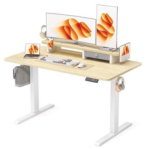 WALKINGDESK Electric Standing Desk with Drawer and Monitor Stand, Height Adjustable for Home Office, Ergonomic Sit to Stand with Phone Holder, 3 Hooks, Oak