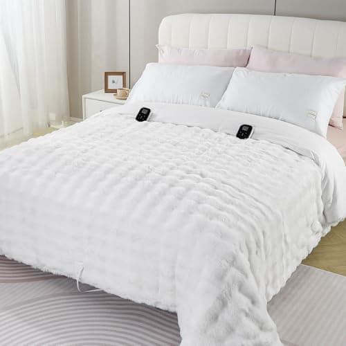 TiMiCalda Heated Comforter Blanket King - Fast Heating Faux Fur Bubble Thick Comforter with 6 Heat Levels & 1-10 Hours Time Settings, Wireless LCD Controller, 90"x104", Cream