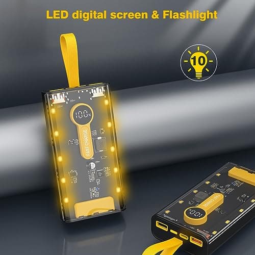 Portable Charger 10000mAh,22.5W Fast Charging Power Bank with Built in Cables,Transparent External Battery Pack with Flashlight,USB C in&out Portable Phone Charger for iPhone Samsung Android Cellphone 5