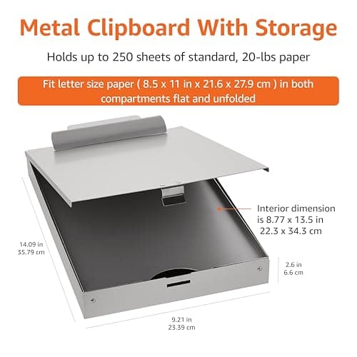Amazon Basics Metal Clipboard with 2 Compartments, Letter Size, 250 Sheet Storage Capacity, Office Supplies, Silver, 14.09 x 9.21 x 2.6 inches 5