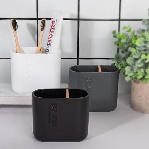 Toothbrush Holders Bamboo Electric Toothbrush Holder Bathroom Storage Organizer Countertop for Toothpaste, Floss, Razor, White 7