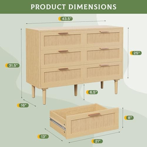 INTERGREAT Sideboard Buffet Storage with 6 Drawers，Rattan Storage Chest for Bedroom, Boho Buffet Cabinet with Golden Handle and Wood Legs for Bedroom, Hallway, Natural 2