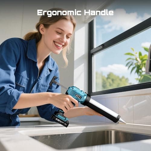 SEESII Cordless Caulking Gun, 21V Battery Powered Caulk Gun, Electric Caulking Gun w/2 x 2.0Ah Batteries, 9Pcs Caulk Remover Tool, LED Light, Auto Retract, Adhesive Gun Kit for Filling, Sealing 5