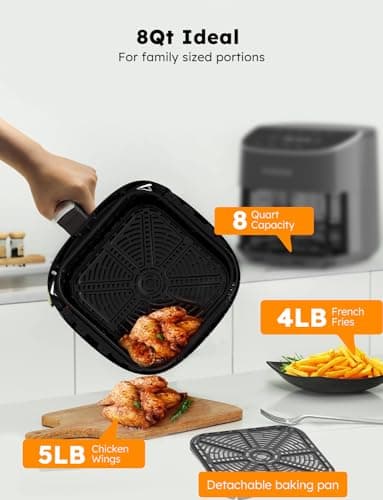 Nuwave Brio Plus 8 Qt Air Fryer, PFAS Free, New & Improved, Digital Touch Screen, Cool White Display, 50°F~400°F in Precise 5°, 5 Cook Functions, 100 Presets & 50 Memory, 3 Wattages 700, 1500, 1800 5