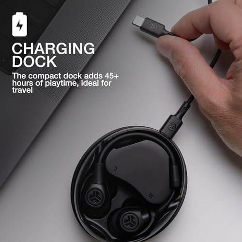 JLab Work Buds in-Ear True Wireless Headset with Detachable Noise-Canceling Boom Mic, Black, Long 55+ Total Hours Playtime, Bluetooth Multipoint, USB-C Charging Dock 5