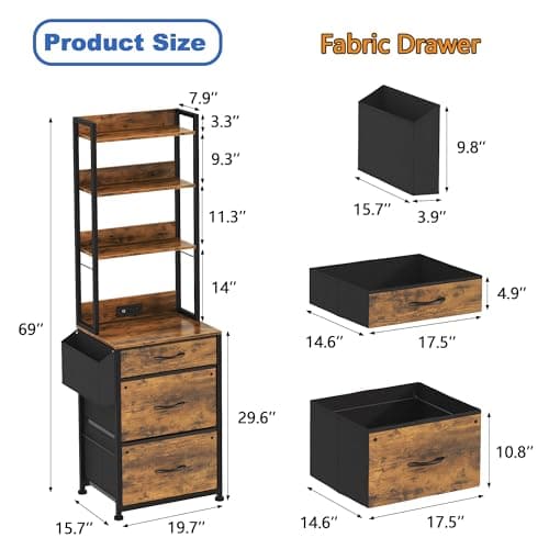 GYIIYUO 3 Drawer Tall File Cabinet with Charging Station, 4-Tier Filing Cabinet with Adjustable Shelf, Fabric Drawer, File Cabinet for Home Office, Fits A4/Letter/Legal, Rustic Brown, 69''H 7