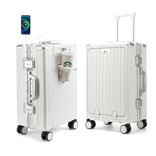 Traveler Mars Hard Carry On Suitcase with Front Pocket,Airline Approved Zipperless Luggage with USB Port and Cup Holder,TSA Lock (White, Carry-On 20-Inch)