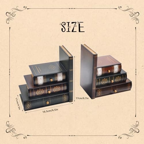 Vintage Wooden Bookends with Drawers – Decorative False Book Shelf Organizer for Home, Office, or Library (311) 7