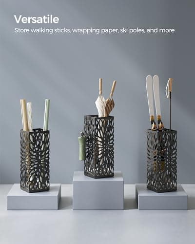 SONGMICS Umbrella Stand, Umbrella Holder for Entryway, Steel Square Umbrella Rack Organizer Freestanding, for Canes Walking Sticks, with a Detachable Drip Tray, 4 Hooks, Black ULUC026B33 7