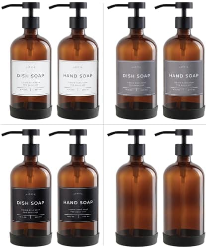 Hand and Dish Soap Dispenser for Kitchen and Bathroom, Set of 2 16 Oz Glass Bottles, Stainless Steel Pumps, Non-Slip Silicone Base, 27 Waterproof Labels (Amber Bottle/Black Pump) 5