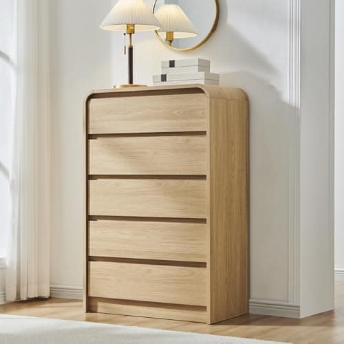 Aitjunz Modern 5 Drawers Dresser for Bedroom, 45" Tall Dressers & Chests of Drawers w/Curved Profile Design, Wood Mid Century Vertical Dresser w/Natural Texture for Bedroom, Living Room, Natural Oak