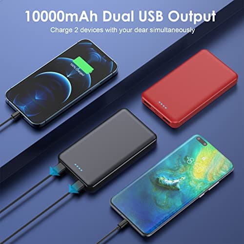 [2 Pack] Portable Charger Power Bank 10000mAh,Ultra Slim Compact External Battery Pack with USB C Input & Dual USB Outputs Backup Charger Compatible with iPhone 13,12, Samsung S20,Tablet-Black+Red 4