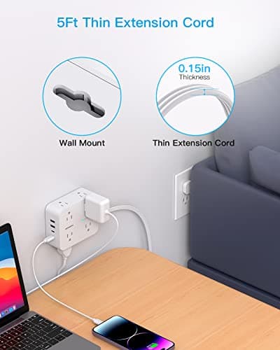 Surge Protector Power Strip, HANYCONY Extension Cord with Multiple Outlets, 5 Ft Ultra Thin Flat Plug 8 Outlets 4 USB Ports(2USB C), 1080J Outlet Extender for Home Office College Dorm Room Essentials 7