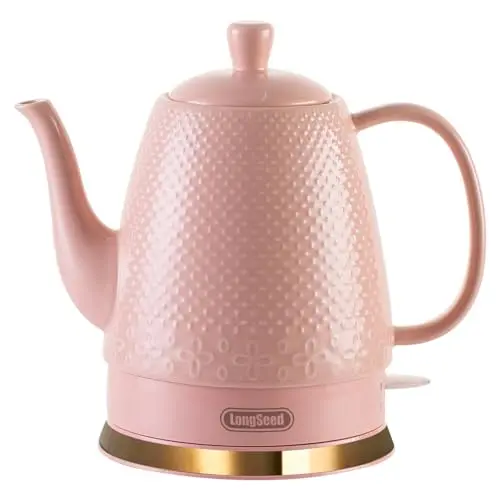 LONGSEED 1.2 Liters Ceramic Electric Kettle Pot, Boil Water Quickly and Easily with Boil-Dry Protection, Auto Shut Off, Detachable Swivel Base, Graceful Gooseneck Teapot 1000W, Pink