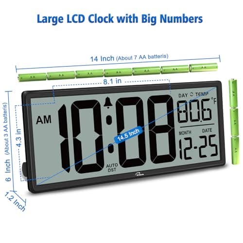 WallarGe 14.5'' Large Digital Wall Clock Battery Operated with Jumbo Numbers, Temperature and Date - Easy to Read and Set, Auto DST 5