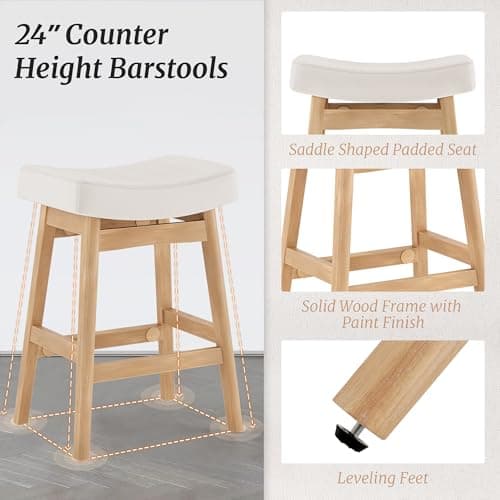 Cozyman Bar Stools Set of 3, Barstools with Sturdy Wood Legs, Saddle Seat Counter Height Bar Stools for Kitchen Counter, Bar, Dining, 24 Inch Farmhouse Counter Stools, Beige Fabric 5