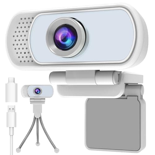 1080p White Webcam with Microphone, USB Web Camera 110-Degree View Angle Computer Camera,Webcam Tripod/Privacy Cover/USB C Adapter Include,Plug and Play Web Cam for Video Conferencing Streaming