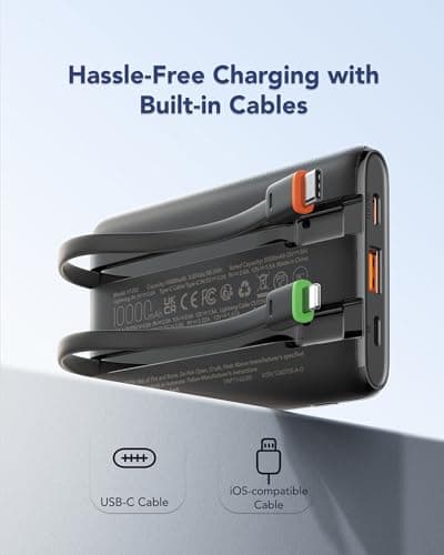 VEGER Portable Charger, Ultra Slim 22.5W Fast Charging with Built in Cable, Flight-Safe 10000mAh USB C Power Bank Battery Pack,Travel Essential Phone Powerbank for iPhone 17 16 Samsung S25 Google etc 4