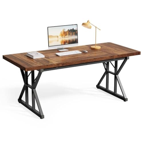 LITTLE TREE 70.8-Inch Office Desk, Wooden Executive Office Desk, Modern Work Desk, Large Farmhouse Writing Table Computer Desk for Home, Brown-Black