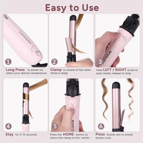 Rotating Curling Iron, NOBBLEQG Global Voltage Automatic Curling Iron with Clamp, 5 Heat Settings 360° Rotatable Power Cord, Automatic Reset Function Hair Curler Automatic Rotating (1.26 Inch) 7