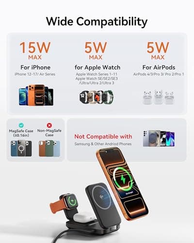 INIU 3 in 1 Wireless Charging Station, Qi2 Certified 15W Travel Charger for Apple Multiple Devices, Foldable Magnetic Wireless Charger Stand for iPhone 17 16 15 14 13 12 Series Apple Watch AirPods 7