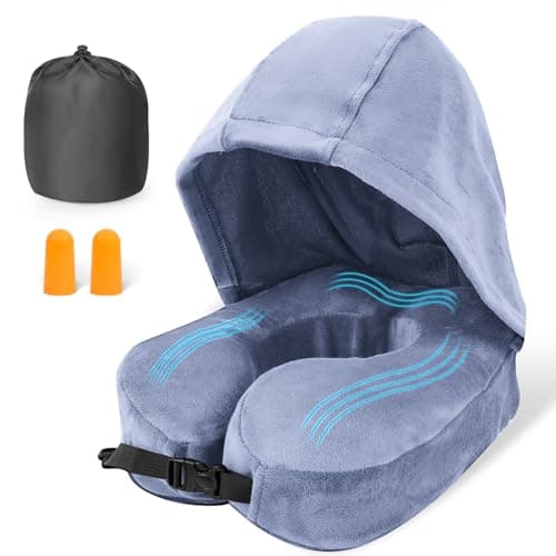 Flywish Travel Neck Pillow with Hood - Adult Travel Must Haves Airplane Hoodie Pillow, Premium Quality Memory Foam, Fit for Office, Car Ride, Sleeping. Kit with Earplugs, Luxury Bag(Mist, M)