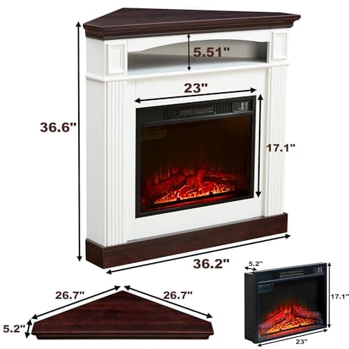 OKYCI Corner Electric Fireplace with Mantel, TV Stand with Storage & Bookshelves, Entertainment Center with Fireplace for Living Room, Modern Wave Design, White 6